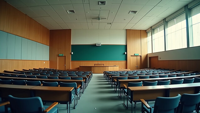 Empty university lecture theater, wooden wall panels, large green chalkboard, tiered rows of desks and blue chairs, big side windows, clean academic interior
