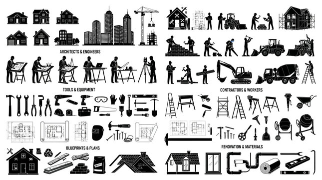Construction industry icons and building tools black and white vector illustration