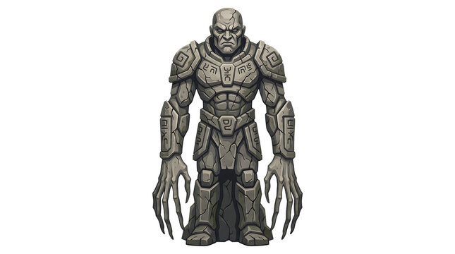 Ancient stone sentinel golem warrior statue with runic patterns is ideal for game character design.