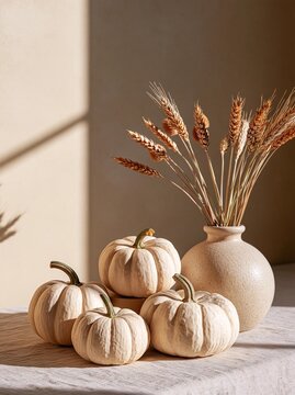 Group of five small white pumpkins arranged on a beige tablecloth. the pumpkins are of different sizes and shapes, with the largest one in the center and three smaller ones on either side.