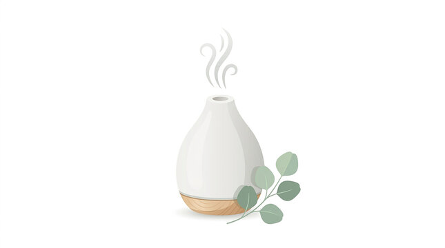 Aromatherapy oil diffuser JPG vector illustration featuring a ceramic ultrasonic humidifier with steam vapor and eucalyptus leaves for wellness concepts.