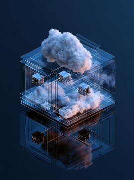 Digital illustration of a cube with a large cloud on top of it. the cube is made up of multiple interconnected lines and squares, creating a grid-like structure.