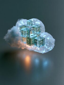 Digital illustration of a cloud with a padlock on top of it. the cloud is white and fluffy, and the padlock is made up of small cubes of different sizes and colors.