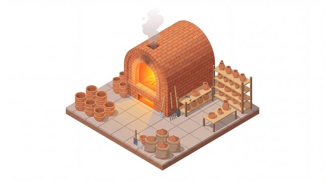 Isometric illustration of an artisanal pottery workshop featuring a glowing brick kiln surrounded by handmade clay vases and ceramic tools