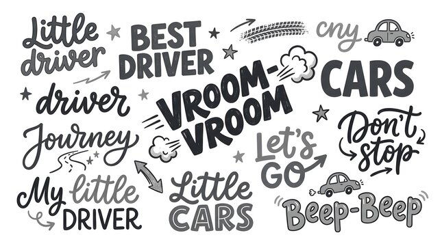  Little Driver Typography Collection with Playful Car-Themed Hand Lettering for Children and Nursery Decor