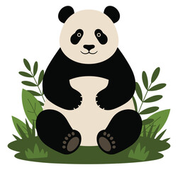 Cute cartoon panda bear sitting on green leaves with isolated white background © Chayan