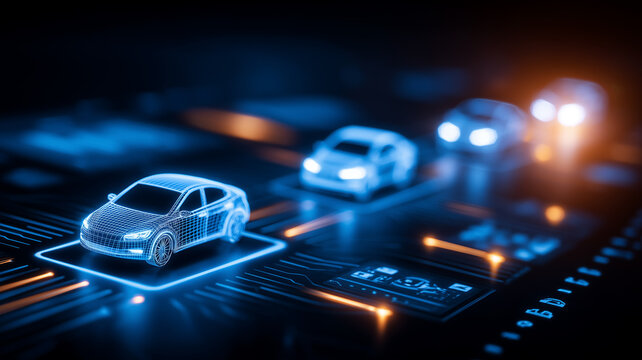 Digital cars displayed on an intelligent road interface representing connected vehicles and autonomous mobility for smart transportation systems
