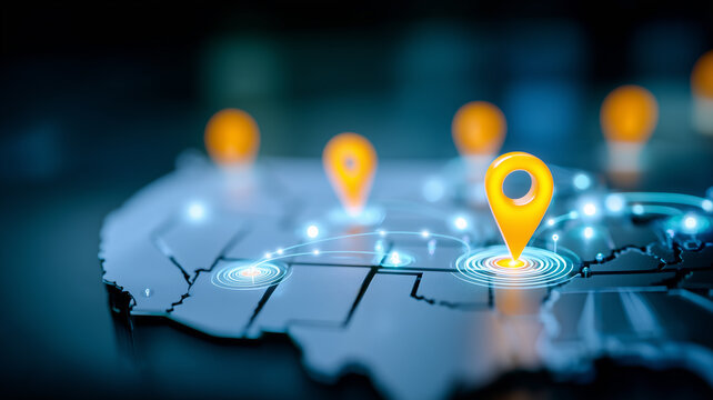 United States map with connected location pins representing nationwide logistics and geographic tracking across a digital distribution network
