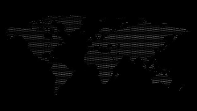 Abstract dotted world map made of tiny white pixels on a black background. Digital global technology and network concept.