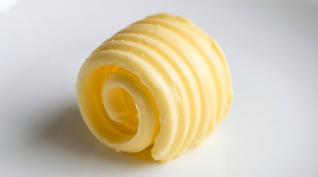 Yellow butter curl on white background for culinary or cooking concept