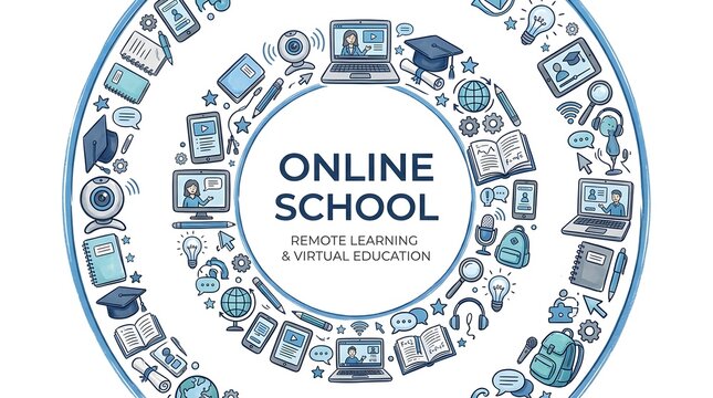 Online School Education Banner with Digital Devices and Copy Space