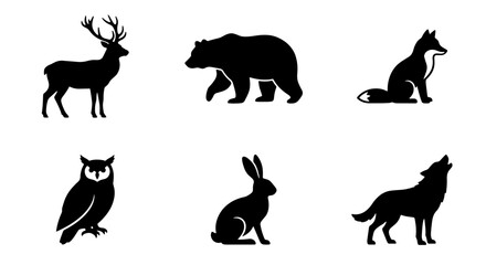 Fototapeta premium Forest Wildlife Silhouettes: Deer, Bear, Fox, Owl, Rabbit, Wolf Icons Set