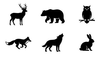 Obraz premium Forest Animals Silhouettes: Deer, Bear, Owl, Fox, Wolf, Rabbit Icons Set