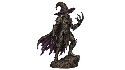 Fototapeta premium Armored witch warrior statue wearing pointed hat and sharp claws isolated for fantasy tabletop games.