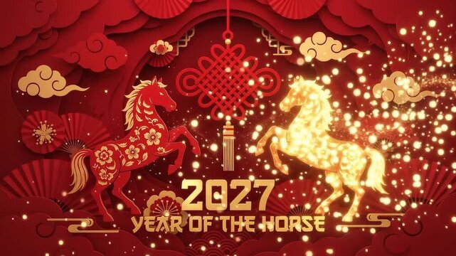 2027 Chinese New Year of the Horse paper cut animation with magical golden glowing particle effect