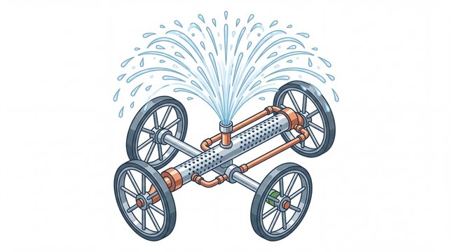 A conceptual illustration featuring a mechanical water sprinkler assembly mounted on a wheeled platform spraying a fountain of clear water