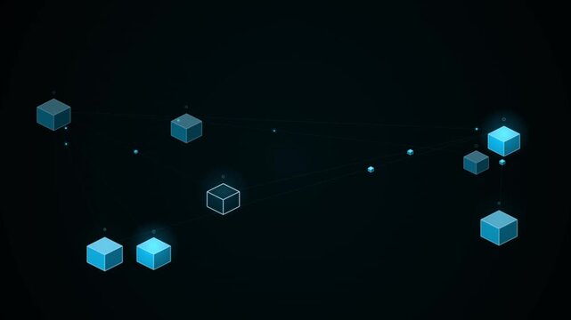 Network of glowing blue cubes connects with thin lines on dark background for tech and data visualization