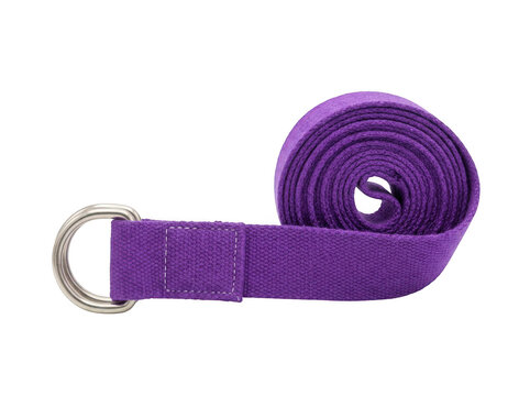 A purple yoga strap with metal dring buckles, isolated on transparent background