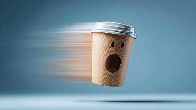Shocked brown paper coffee cup zooming fast across bright blue background with intense motion blur streaks