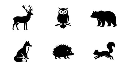 Obraz premium Forest Animal Silhouettes: Deer, Owl, Bear, Fox, Hedgehog, Squirrel Icons