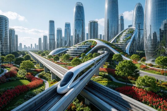 Futuristic hyperloop train moves through eco friendly smart city. Modern high tech transport glides on elevated rail tracks above rich green gardens. Tall glass skyscrapers, sustainable architecture