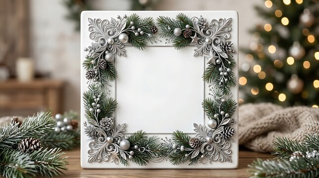 Christmas wreath with blank white frame on wooden table