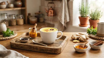 Fototapeta premium Golden milk latte in cozy kitchen setting with spices and herbs