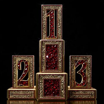 Ornate golden winner podium with ruby numbers one, two, and three on a black background