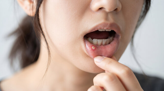 下唇をめくって口内炎の症状を見せる女性の口元