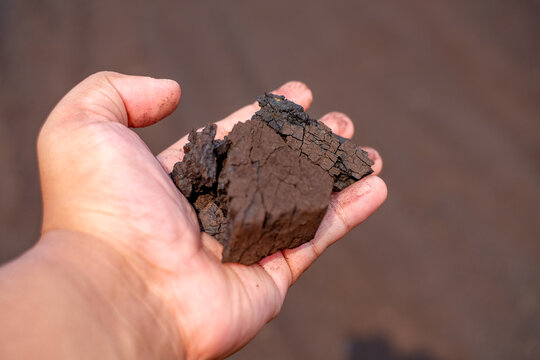 Hand holding a handfull of coal dark soil samples, industrial background, close-up