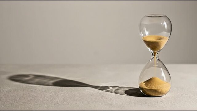 Hourglass with fine golden sand flowing steadily through the glass bulbs in this minimalist cinematic motion video sequence background element