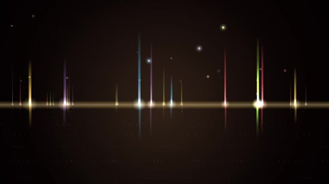 Colorful equalizer bars rise from a glowing horizon line against a dark looping background