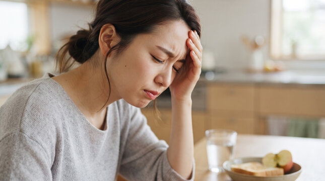 頭痛や体調不良に悩まされ額を押さえる女性