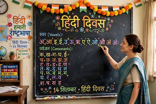Teacher writing hindi alphabet on chalkboard in classroom celebrating hindi diwas with indian education learning hindi devanagari script language teacher cultural day writing board indian school