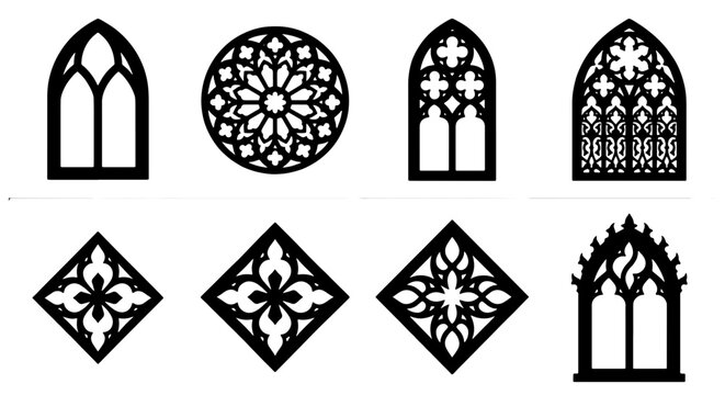 Gothic Window Vector Icons, Medieval Architectural Elements, Ornate Rose Window Designs, Arched Tracery Set