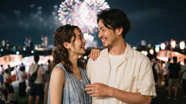 夏祭りの花火大会で見つめ合い笑顔を見せる若いカップル