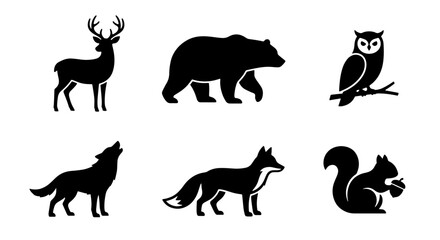 Obraz premium Forest Animals Silhouettes: Deer, Bear, Owl, Wolf, Fox, Squirrel Icons for Nature Graphics