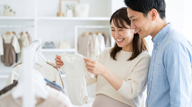 ベビー用品店で赤ちゃんの服を笑顔で選ぶ妊婦の夫婦