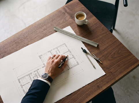 Top‑down shot of architect&rsquo;s hand sketching a residential floor plan on paper at dark wooden table, with compass, ruler, pen, fresh espresso coffee cup.
