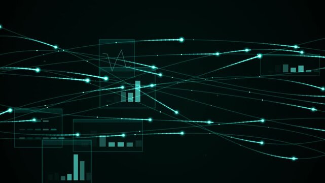 Looping tech background with holographic data overlays displaying dynamic network visualizations.