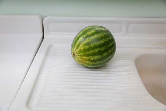 whole watermelon on white counter