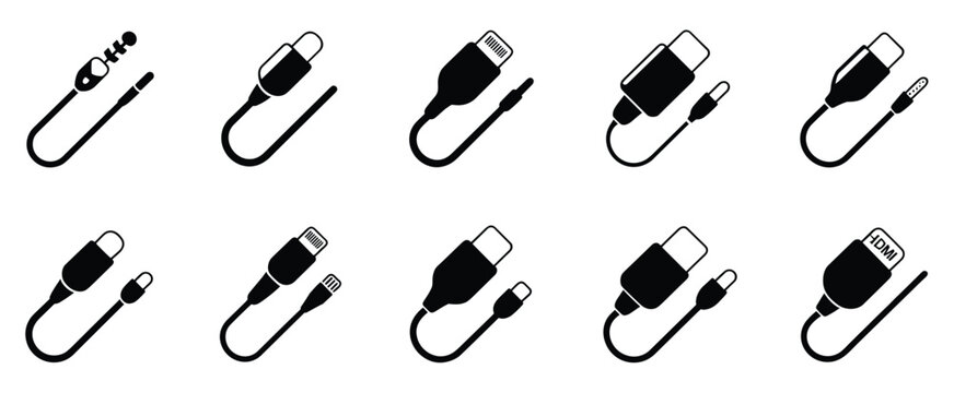 Variety of Cable Connectors: A set of diverse cable connector icons, showcasing different types of USB and other electronic ports, presented as a clean graphic resource.