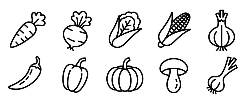 Vegetable Icon Set: A collection of ten simple line art icons representing various vegetables, including carrot, beetroot, lettuce, corn, onion, chili, bell pepper, pumpkin, mushroom, and scallion.