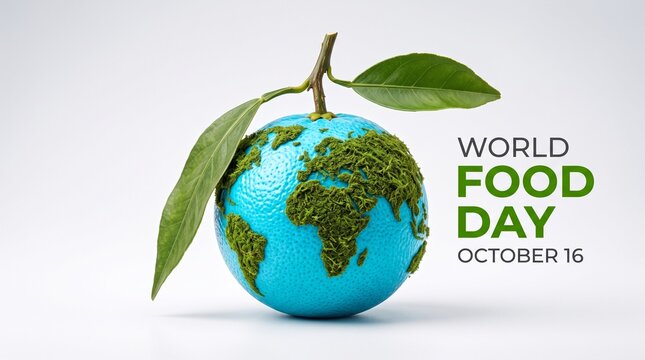 World Food Day concept with blue orange earth and green moss continent