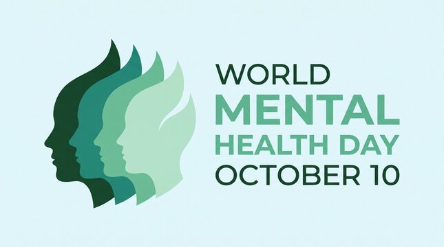 World Mental Health Day text graphic with layered green human head sil