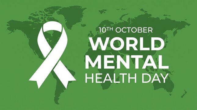 World Mental Health Day poster with green map and ribbon