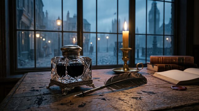 Victorian writing desk with quill and inkwell overlooking foggy London street