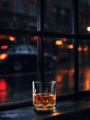 Szklanka whisky stoi na parapecie za szybą. W tle widać nocną, deszczową ulicę z rozmytymi światłami samochodów w ciepłej palecie barw.