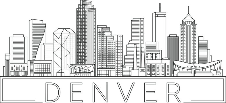 Denver City Skyline Line Art Illustration with Modern Buildings and Urban Architecture