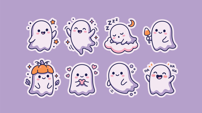 Cute Ghost Sticker Set - Kawaii Halloween Spooky Character Vector
